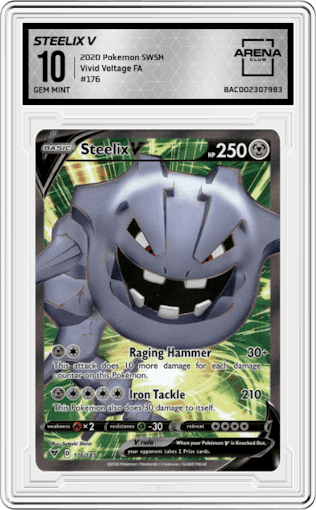 Steelix V from the 2020 Pokemon SWSH set graded by Arena Club and given an overall grade of 10.