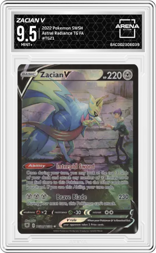 Zacian V from the 2022 Pokemon SWSH set graded by Arena Club and given an overall grade of 9.5.
