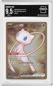 Mew ex from the 2023 Pokemon SV set featuring a Ultra-Premium Collection parallel graded by Arena Club and given an overall grade of 9.5.
