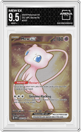 Mew ex from the 2023 Pokemon SV set featuring a Ultra-Premium Collection parallel graded by Arena Club and given an overall grade of 9.5.