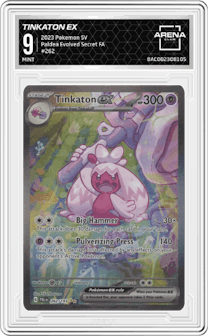 Tinkaton ex from the 2023 Pokemon SV set graded by Arena Club and given an overall grade of 9.