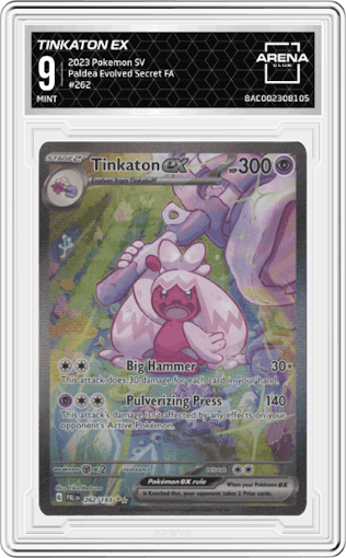 Tinkaton ex from the 2023 Pokemon SV set graded by Arena Club and given an overall grade of 9.