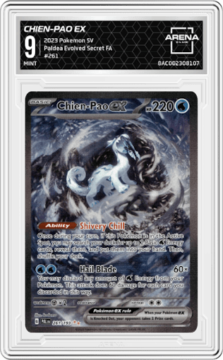 Chien-Pao ex from the 2023 Pokemon SV set graded by Arena Club and given an overall grade of 9.