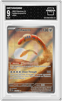 Orthworm from the 2023 Pokemon SV set graded by Arena Club and given an overall grade of 9.