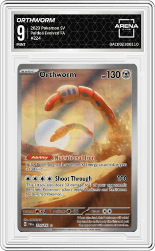 Orthworm from the 2023 Pokemon SV set graded by Arena Club and given an overall grade of 9.