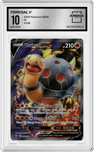 Torkoal V from the 2020 Pokemon SWSH set graded by Arena Club and given an overall grade of 10.