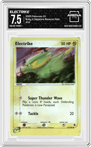 Electrike from the 2003 Pokemon EX set graded by Arena Club and given an overall grade of 7.5.