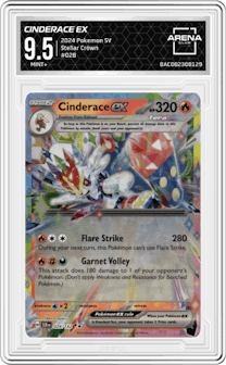 Cinderace ex from the 2024 Pokemon SV set graded by Arena Club and given an overall grade of 9.5.