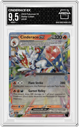 Cinderace ex from the 2024 Pokemon SV set graded by Arena Club and given an overall grade of 9.5.