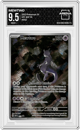 Mewtwo from the 2023 Pokemon SV set featuring a Ultra Premium Collection parallel graded by Arena Club and given an overall grade of 9.5.