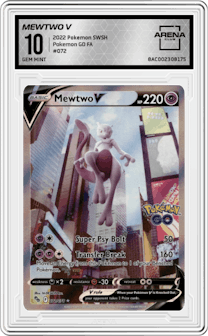 Mewtwo V from the 2022 Pokemon SWSH set graded by Arena Club and given an overall grade of 10.