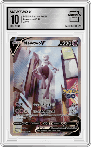 Mewtwo V from the 2022 Pokemon SWSH set graded by Arena Club and given an overall grade of 10.