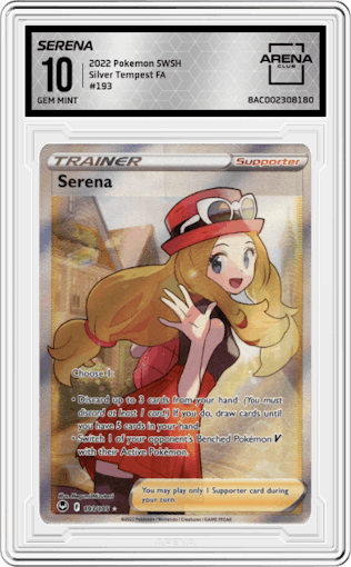 Serena from the 2022 Pokemon SWSH set graded by Arena Club and given an overall grade of 10.