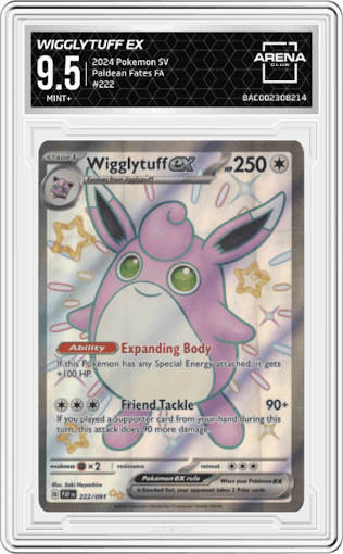 Wigglytuff ex from the 2024 Pokemon SV set graded by Arena Club and given an overall grade of 9.5.