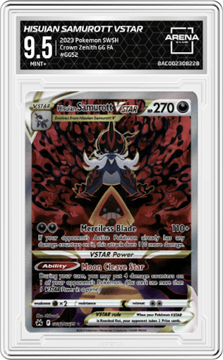 Hisuian Samurott VSTAR
 from the 2023 Pokemon SWSH set graded by Arena Club and given an overall grade of 9.5.