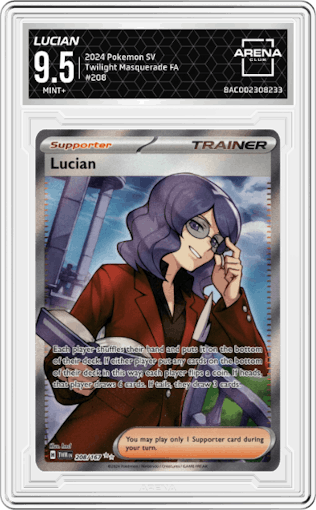 Lucian from the 2024 Pokemon SV set graded by Arena Club and given an overall grade of 9.5.