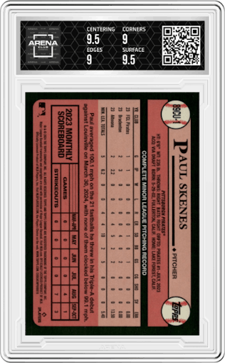 Paul Skenes from the 2024 Topps Chrome Update set graded by Arena Club and given an overall grade of 9.5.