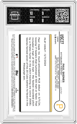 Paul Skenes from the 2024 Topps Chrome Update set graded by Arena Club and given an overall grade of 8.5.