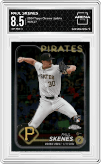 Paul Skenes from the 2024 Topps Chrome Update set graded by Arena Club and given an overall grade of 8.5.