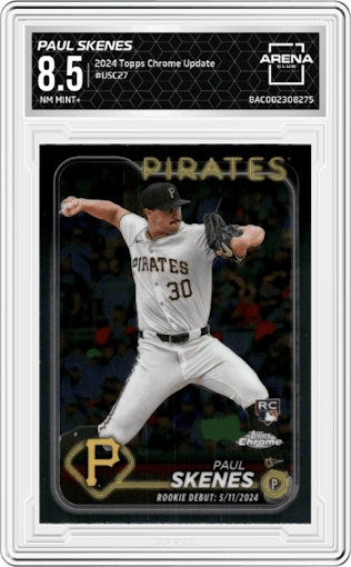 Paul Skenes from the 2024 Topps Chrome Update set graded by Arena Club and given an overall grade of 8.5.