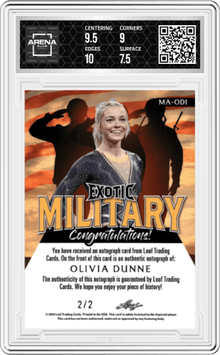 Olivia Dunne from the 2024 Leaf Metal Exotic Military set featuring a Marines parallel graded by Arena Club and given an overall grade of 8.