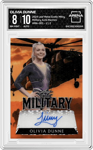 Olivia Dunne from the 2024 Leaf Metal Exotic Military set featuring a Marines parallel graded by Arena Club and given an overall grade of 8.