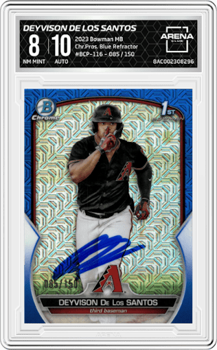Deyvison De Los Santos from the 2023 Bowman Mega Box set featuring a Blue Refractor parallel graded by Arena Club and given an overall grade of 8.