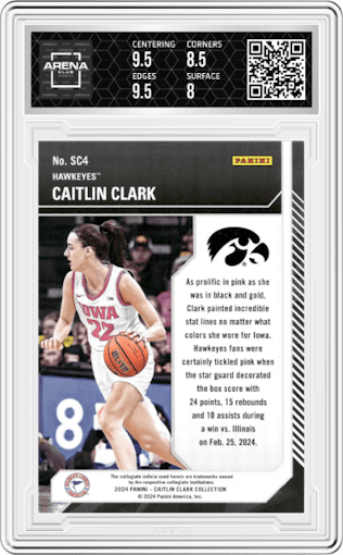Caitlin Clark from the 2024 Panini Caitlin Clark Collection set featuring a Vortex parallel graded by Arena Club and given an overall grade of 8.5.
