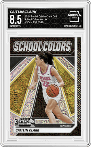 Caitlin Clark from the 2024 Panini Caitlin Clark Collection set featuring a Vortex parallel graded by Arena Club and given an overall grade of 8.5.