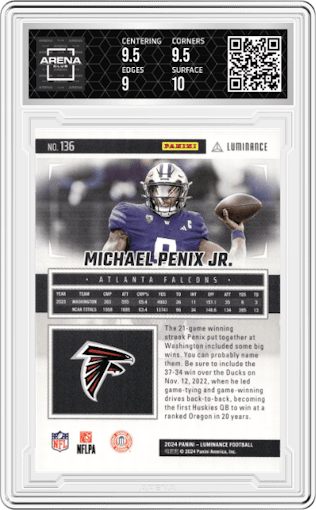 Michael Penix Jr. from the 2024 Panini Luminance set featuring a Green parallel graded by Arena Club and given an overall grade of 9.5.