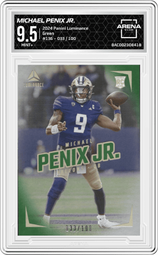 Michael Penix Jr. from the 2024 Panini Luminance set featuring a Green parallel graded by Arena Club and given an overall grade of 9.5.