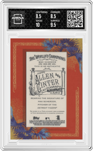 Max Scherzer from the 2010 Topps Allen & Ginter set graded by Arena Club and given an overall grade of 9.