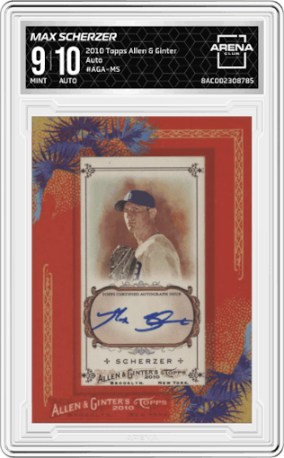 Max Scherzer from the 2010 Topps Allen & Ginter set graded by Arena Club and given an overall grade of 9.