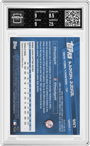 Aaron Judge from the 2017 Topps Series 1 set graded by Arena Club and given an overall grade of 8.