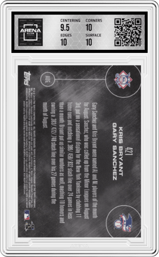Kris Bryant/Gary Sanchez from the 2016 Topps Now set graded by Arena Club and given an overall grade of 10.