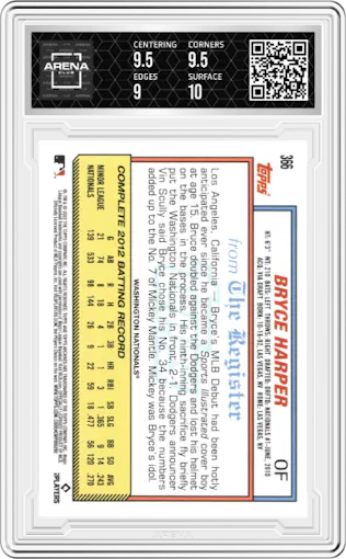 Bryce Harper from the 2022 Topps Archives set graded by Arena Club and given an overall grade of 9.5.