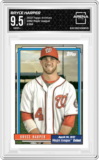 Bryce Harper from the 2022 Topps Archives set graded by Arena Club and given an overall grade of 9.5.