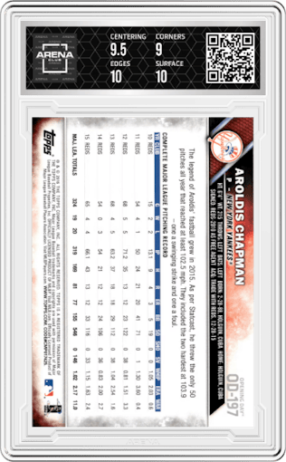 Aroldis Chapman from the 2016 Topps Opening Day   set graded by Arena Club and given an overall grade of 9.5.