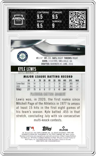 Kyle Lewis from the 2021 Bowman Platinum set featuring a Ice Foil parallel graded by Arena Club and given an overall grade of 9.5.