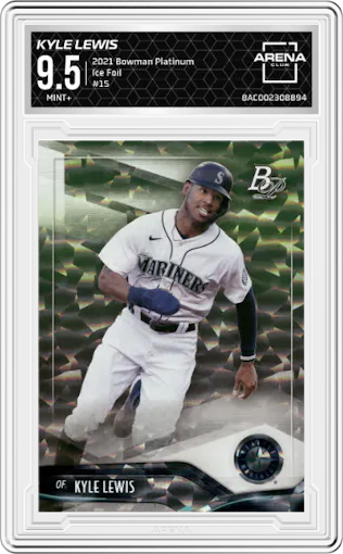 Kyle Lewis from the 2021 Bowman Platinum set featuring a Ice Foil parallel graded by Arena Club and given an overall grade of 9.5.