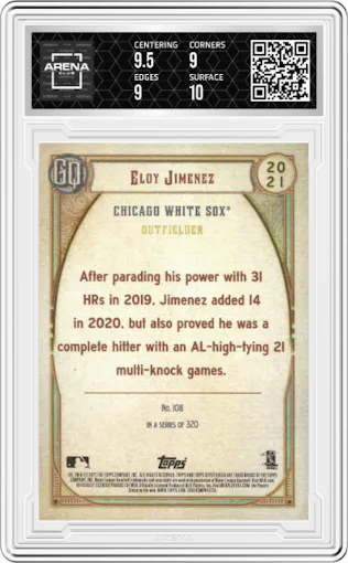 Eloy Jimenez from the 2021 Topps Gypsy Queen set graded by Arena Club and given an overall grade of 9.5.