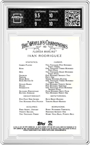 Ivan Rodriguez from the 2021 Topps Allen & Ginter set featuring a Silver Portrait parallel graded by Arena Club and given an overall grade of 9.5.
