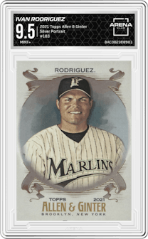 Ivan Rodriguez from the 2021 Topps Allen & Ginter set featuring a Silver Portrait parallel graded by Arena Club and given an overall grade of 9.5.