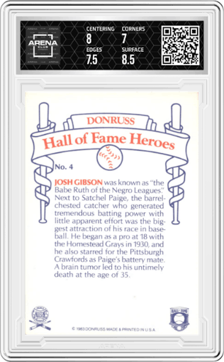 Josh Gibson from the 1983 Donruss Hall Of Fame Heroes set graded by Arena Club and given an overall grade of 7.5.
