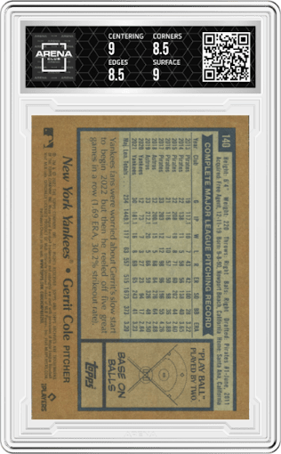 Gerrit Cole from the 2022 Topps Archives set graded by Arena Club and given an overall grade of 9.