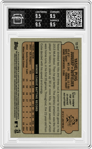 Yasiel Puig from the 2013 Topps Chrome set graded by Arena Club and given an overall grade of 9.5.