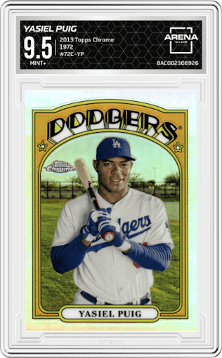 Yasiel Puig from the 2013 Topps Chrome set graded by Arena Club and given an overall grade of 9.5.