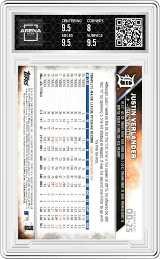 Justin Verlander from the 2016 Topps Opening Day   set graded by Arena Club and given an overall grade of 8.5.