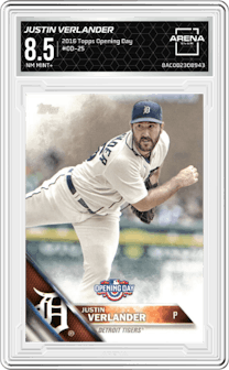 Justin Verlander from the 2016 Topps Opening Day   set graded by Arena Club and given an overall grade of 8.5.