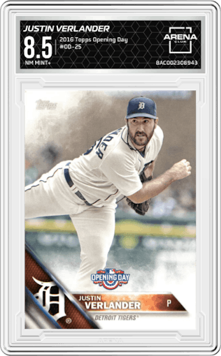 Justin Verlander from the 2016 Topps Opening Day   set graded by Arena Club and given an overall grade of 8.5.